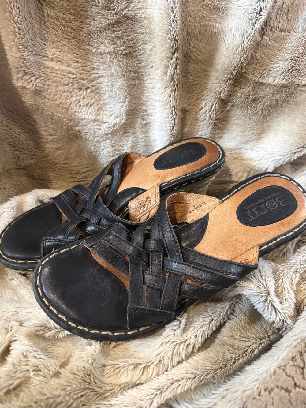 Born Black Leather Woven Slide Sandals with Tan Footbed